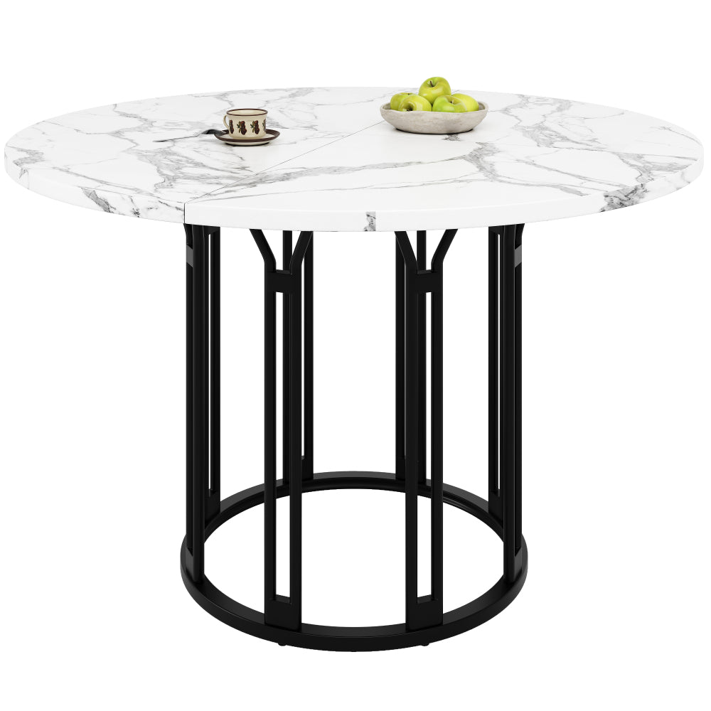 Ronde Eettafel – Ronde Tafel – Keukentafel – Ontbijttafel – Eettafel Zwart Metaal – Marmerlook MDF Blad – Verstelbare Voeten – 100 cm Diameter