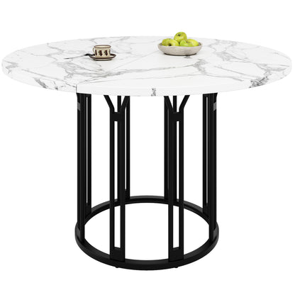 Ronde Eettafel – Ronde Tafel – Keukentafel – Ontbijttafel – Eettafel Zwart Metaal – Marmerlook MDF Blad – Verstelbare Voeten – 100 cm Diameter