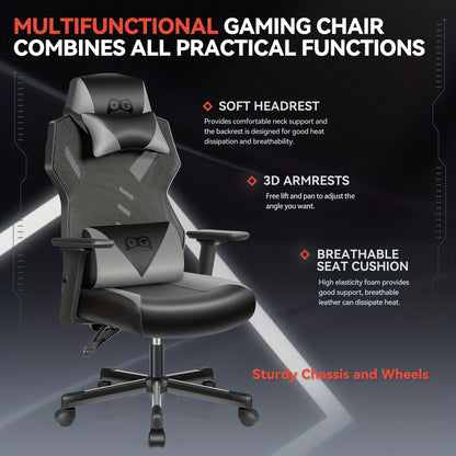 Gamingstoel – Bureaustoel – Gamestoel – Werkstoel – Zwarte Grijs Variant – Ergonomisch Design – Verstelbare 3D Armleuningen