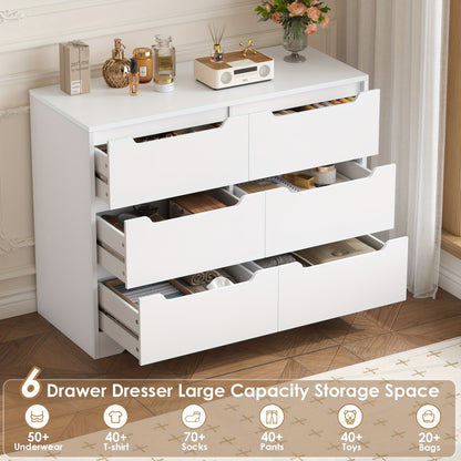 6-Drawer Kealive Tall Dresser | Modern White Chest of Drawers, Storage Cabinet for Living Room, Bedroom, Hallway, Made of Hardwood and Particle Board, 108 x 82.5 x 39 cm