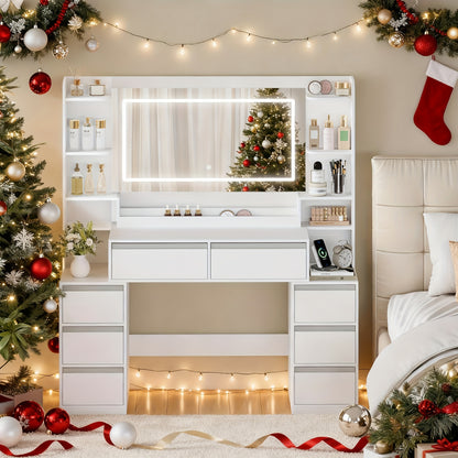 Kaptafel – Make-uptafel – Opmaaktafel – Schminktafel – Met Spiegel en Föhnhouder – 8 Lades & Open Vakken – 135x40x145 cm – Wit-Zilveren MDF