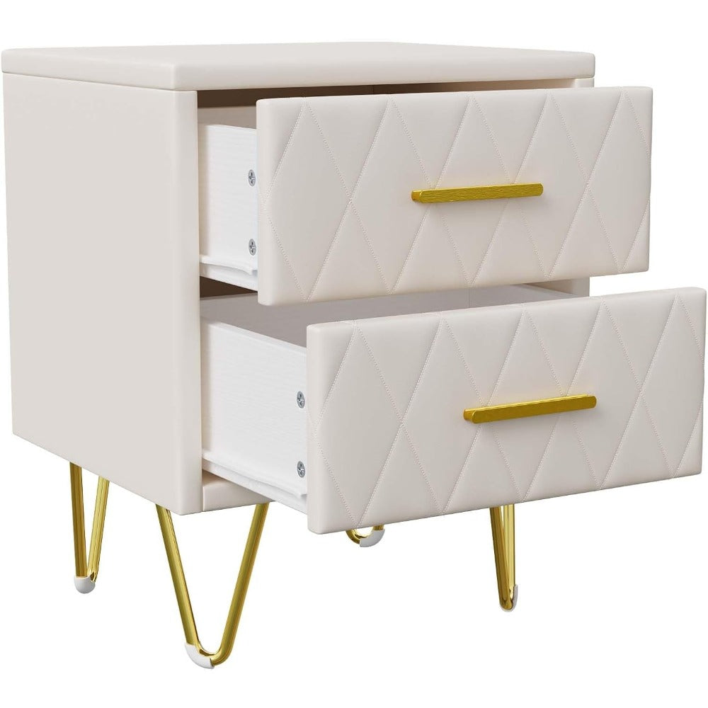 Nachtkastje – Bijzettafel – Bedtafel – Opbergkastje – Set Van 2 – Beige Met Gouden Metalen Poten – 2 Ruime Lades – Compact 41x36x51 cm