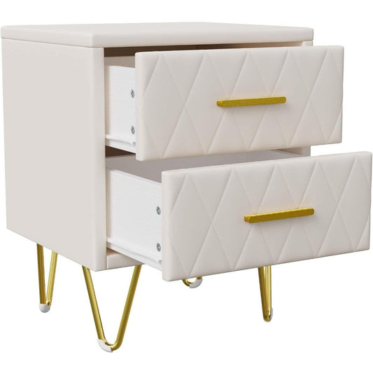 Nachtkastje – Bijzettafel – Bedtafel – Opbergkastje – Set Van 2 – Beige Met Gouden Metalen Poten – 2 Ruime Lades – Compact 41x36x51 cm