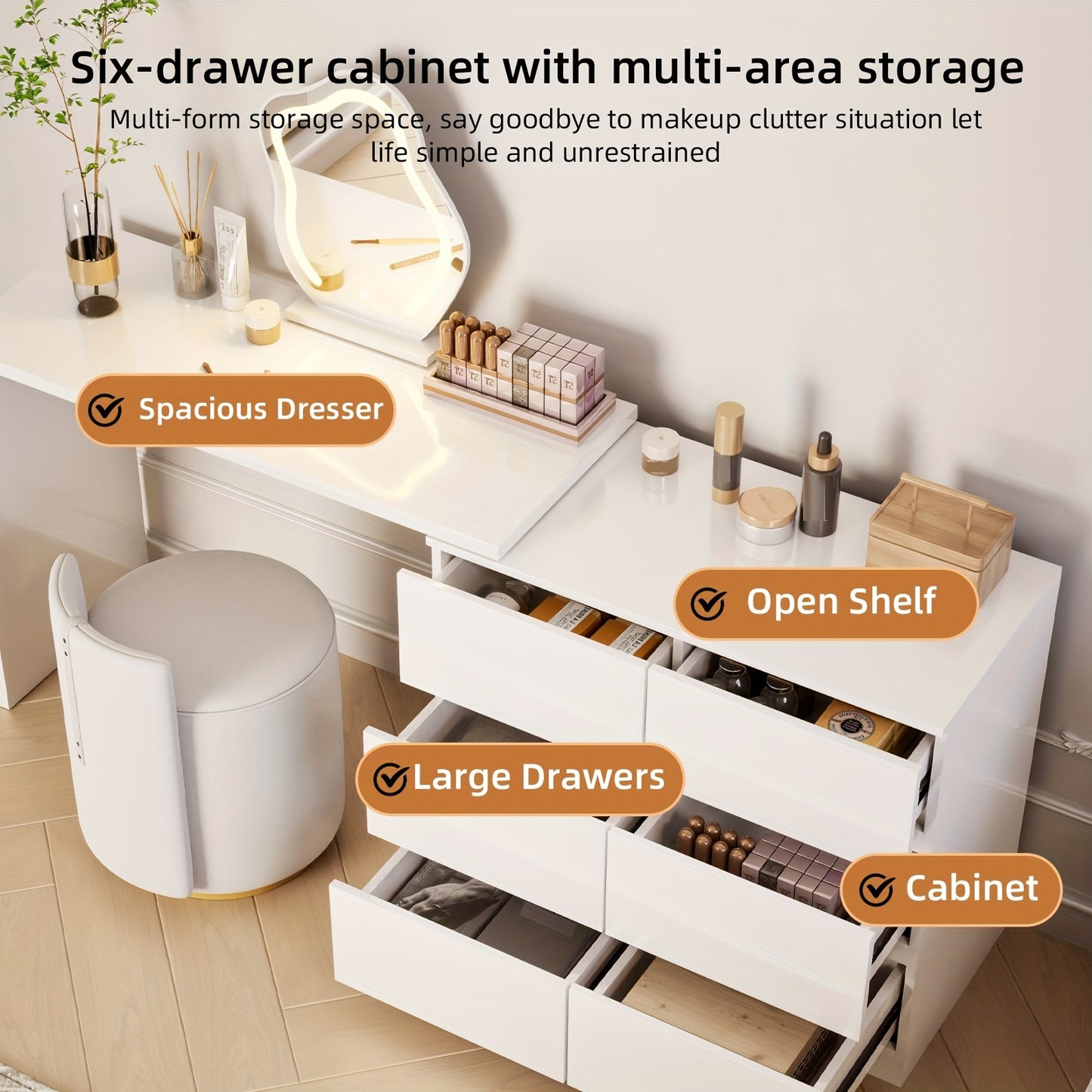 Make-up Tafel – Kaptafel – Dressing Table – Visagie Tafel – Make-up Bureau – Wit – 6 Lade Opbergruimte – Verstelbare Spiegel