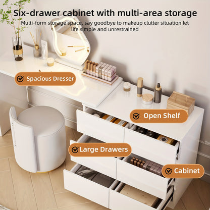 Make-up Tafel – Kaptafel – Dressing Table – Visagie Tafel – Make-up Bureau – Wit – 6 Lade Opbergruimte – Verstelbare Spiegel