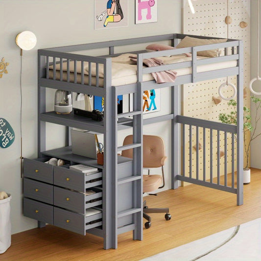 Hoogslaper – Eenpersoonsbed – Stapelbed – Bed met Opberglades – Bed met Ladder – 90x200 cm – Grijs Metaal – Ruimtebesparend Design – Stevige Metalen Constructie