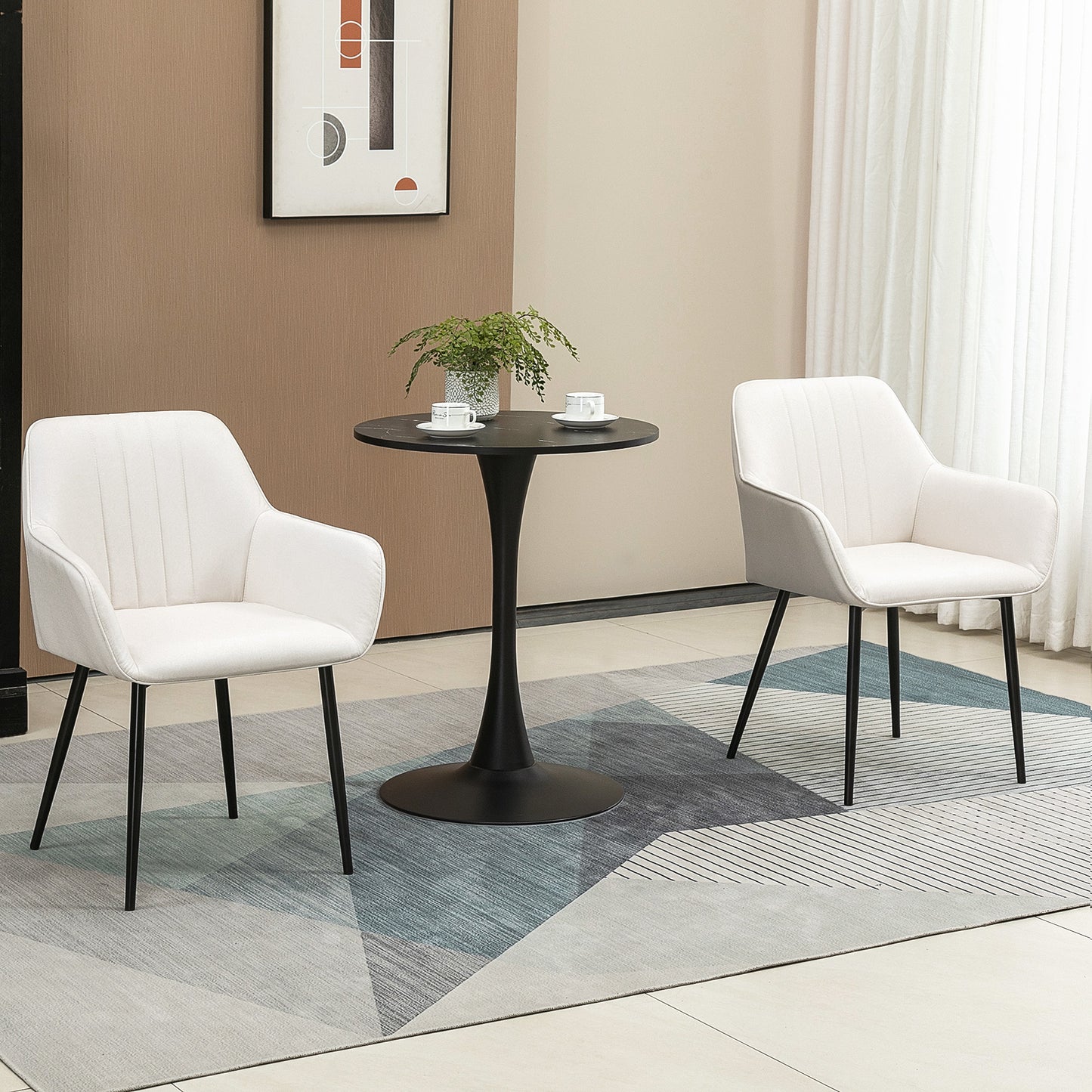 Eetkamerstoel – Stoel – Kuipstoel – Vergaderstoel – Bistrostoel – Set van 2 – Scandinavisch Design – Ergonomische Armleuningen – Beige Linnen Bekleding – Zwarte Metaalpoten