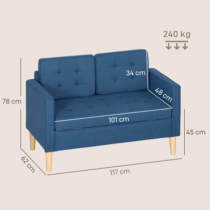 2-Zits Bank – Tweezitsbank – Loveseat – Zithoekbank – Bankje – Compact Blauw – Opbergruimte Onder Zitting – Stevig Rubberwood Frame