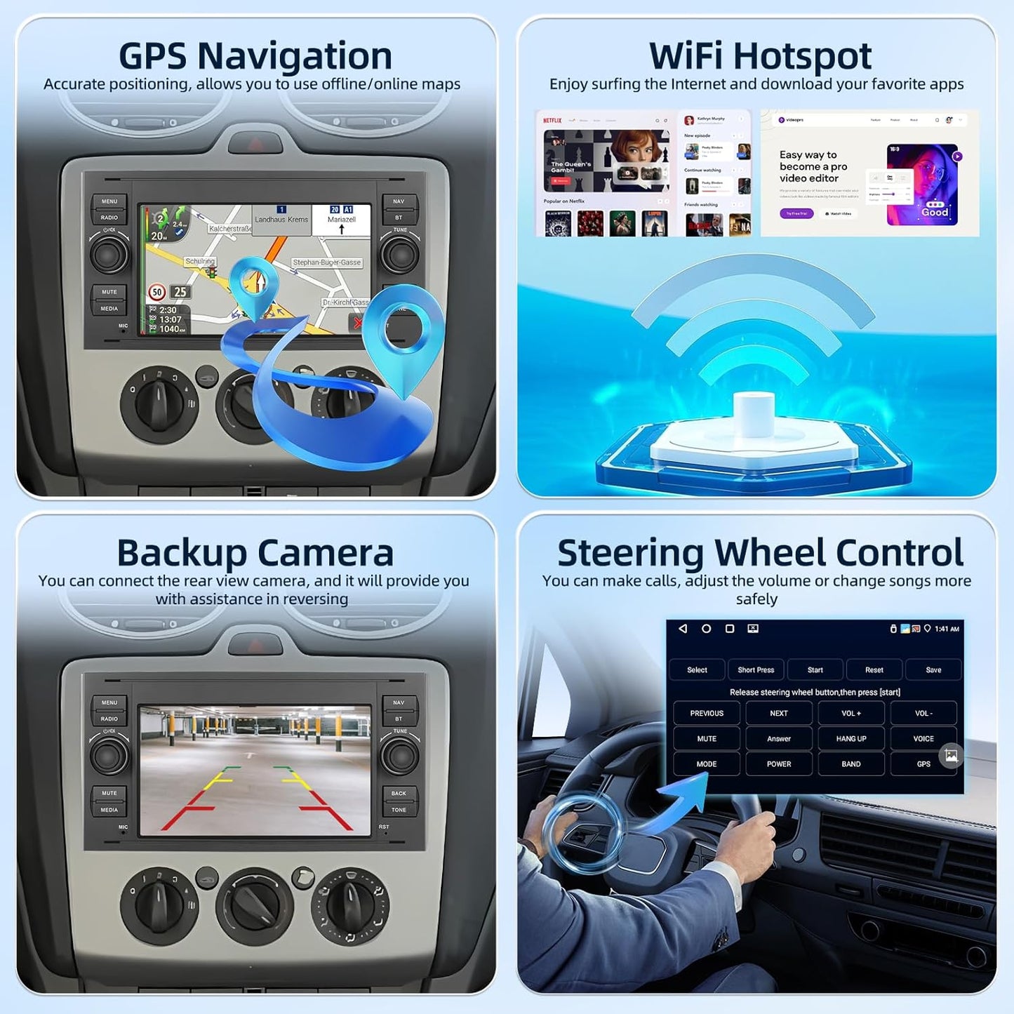 PODOFO 17.78 cm Android Car Stereo for Ford Transit, Fiesta, Focus, Galaxy, Mondeo, Fusion, Kuga, C-Max, S-Max | Wireless Carplay & Android Auto, 4+64GB, GPS, WiFi, 32EQ, Wireless 5.0, FM/RDS Radio, Universal Fit, Without Bat