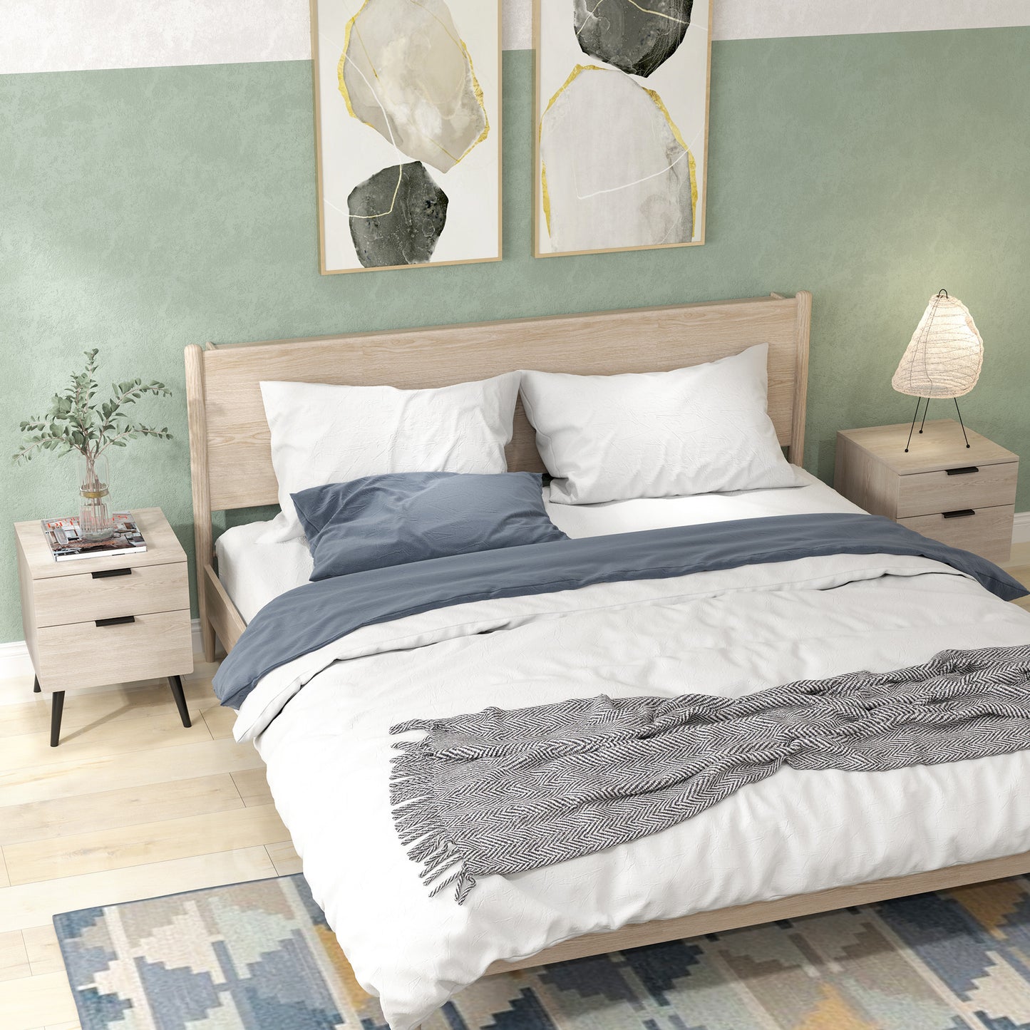 Bijzettafel Set – Nachtkastje – Bedtafel – Sidetable – Houten Tafeltje – Modern Nordic Design – 2-Lade Opbergruimte – Eikenhout Look