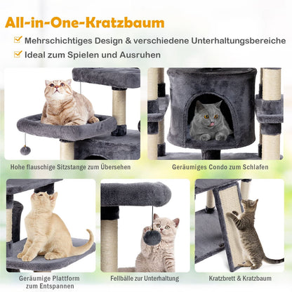 Krabpaal – Kattenboom – Klimpaal – Speelboom – Krabmeubel – Multifunctioneel met 2 kattenhuisjes – 170 cm hoog – Stabiel met sisal kraboppervlakken – Donkergrijs