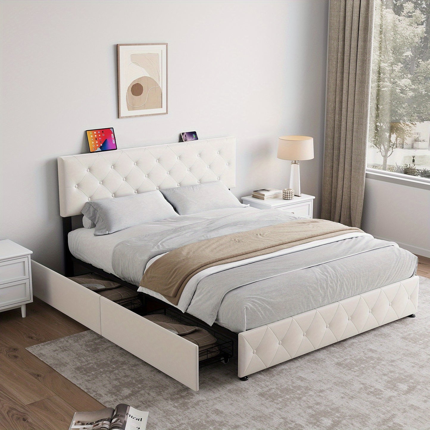 Bedkast – Bedframe – Nachtkastje – Opbergkast – Slaapkamerkast – 140x200 cm – Fluwelen Getuft Hoofdbord – 4 Opberglades