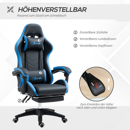 Gamingstoel – Gamestoel – Gaming Chair – Bureaustoel – Computerstoel – Verstelbare Rugleuning 135° – Inclusief Voetensteun Kunstleer Zwart/Blauw