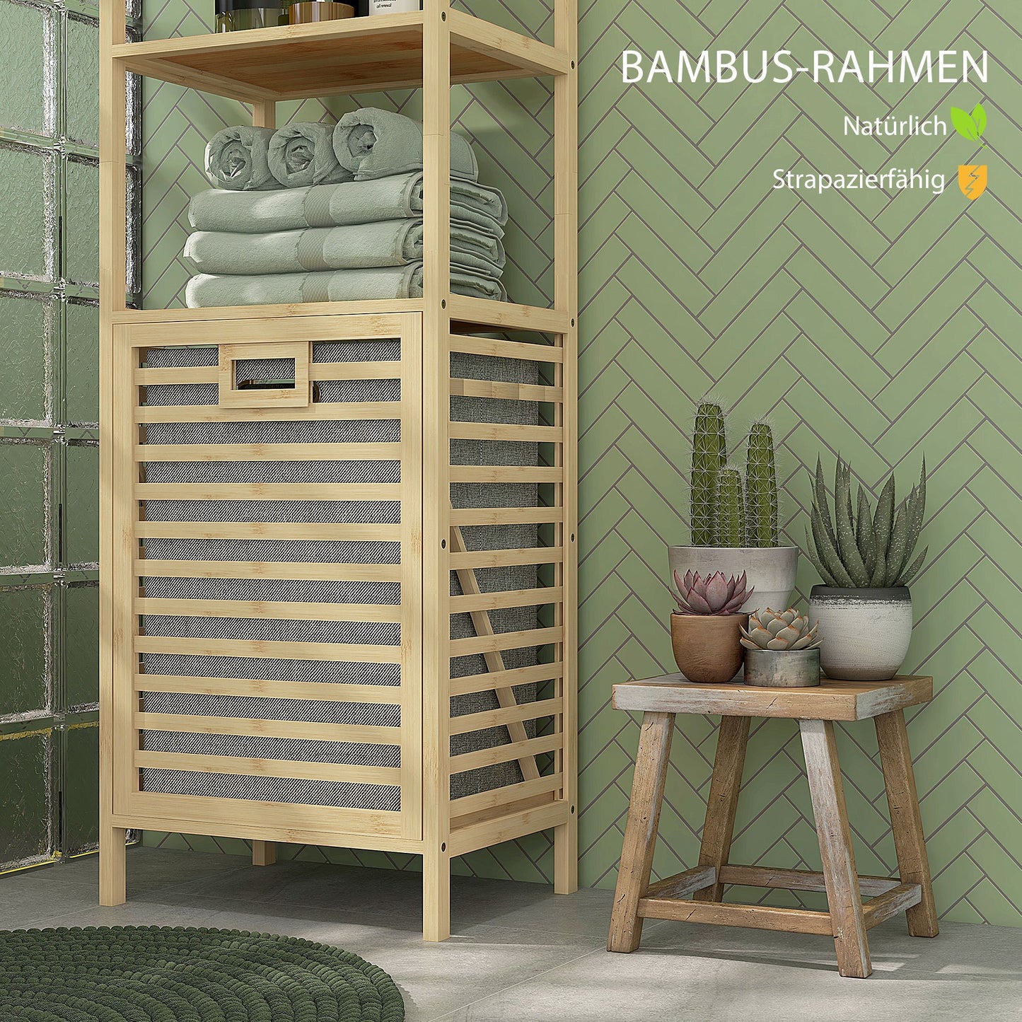 Badkamerkast – Badkamermeubel – Opbergkast – Wasmandkast – Smalle Kast – Bamboe Frame – Ingebouwde Wasmand Met Afneembare Zak – Compact Hoog Design 44x33x160cm