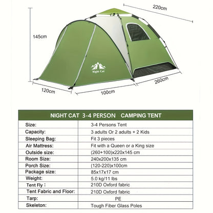 Pop-up Tent – Automatische Tent – Familie Tent – Kampeertent – Snelle Tent – Voor 3-4 Personen – Glasfiber Stokken – Binnen 1 Minuut Opgezet