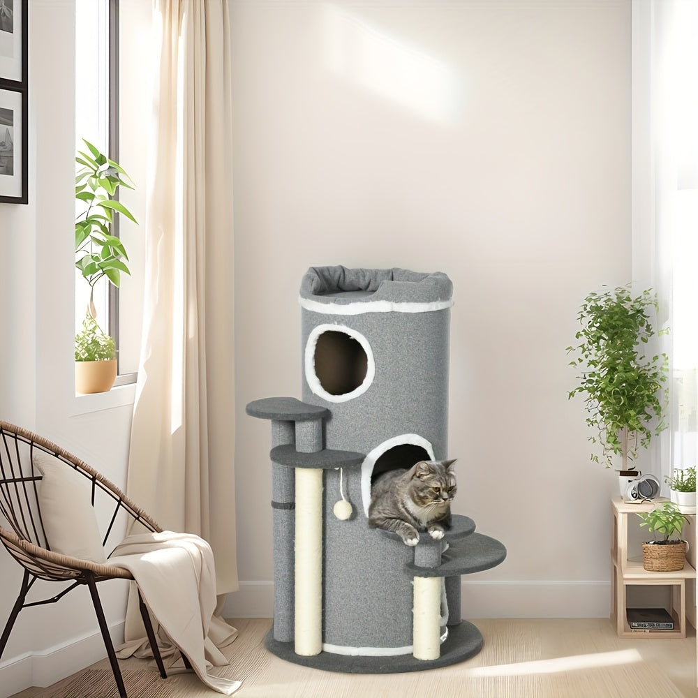 Krabpaal – Kattenklimrek – Kattenmeubel – Kattenhuis – Krabmeubel – 99 cm Hoog – Stevig Spaanplaat – Inclusief Kattenbed & Speelbal – Grijs