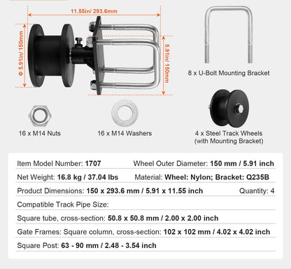 Schuifpoortaccessoires – Schuifpoort Kit – Schuifpoort Systeem – Schuifdeur Wielen – Poortrails – H-vormige Groef – Sterke Metalen Beugels – Geruisloze Nylon Wielen