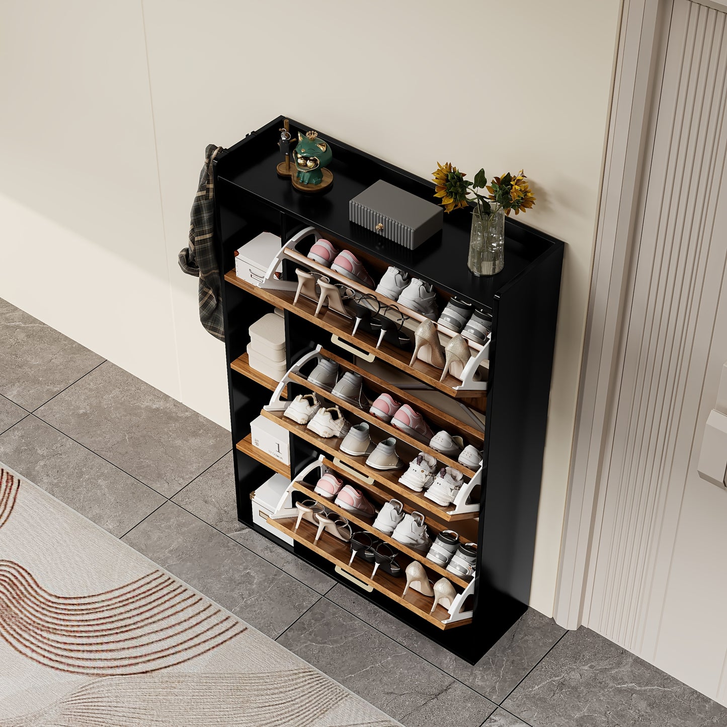 3-Deurs Schoenenkast – Smalle Schoenenopberger – Schoenenrek – Schoenenkast – Halmeubel – Hardhouten Materiaal – Anti-Kantelmechanisme – Mat Zwarte Afwerking