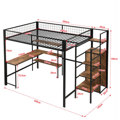 Hoogslaper Bed – Stapelbed – Halfhoogslaper – Bedframe – Bed met Bureau – 140x200 cm – Metaal en MDF – Met Opbergruimte en Kledingkast – Zwart