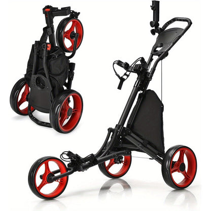 Golftrolley – Golfwagen – Golf Caddy – Golf Pushcart – 3-wiel trolley – Verstelbaar Handvat – Voetrem – Inklapbaar – Parapluhouder – Bekerhouder – Zwart/Rood
