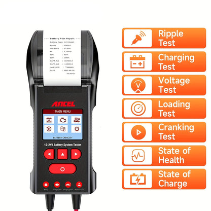 Batterijtester – Accutester – Accutestapparaat – Auto Accumeter – Accu Diagnose – 12V en 24V Batterijen – Ingebouwde Printer voor Directe Afdrukken