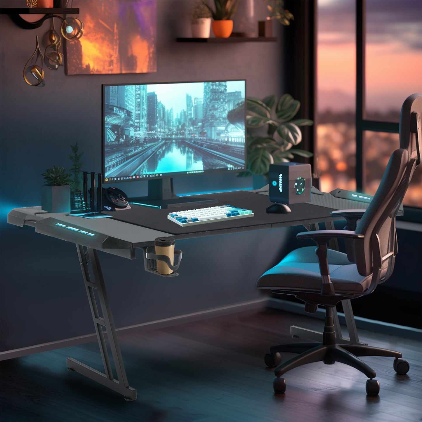 Gaming Bureau – Gaming Tafel – Game Desk – Computer Tafel – Game Bureau – 140 cm Breed – Hoogte Verstelbaar – Carbonfiber Tafelblad – LED Verlichting
