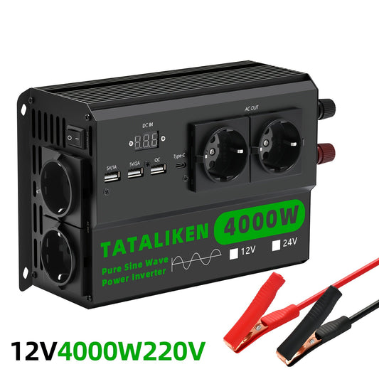 Omvormer – Spanningsomvormer – Power Inverter – Stroomomvormer – 4000W Zuivere Sinusgolf – 3 USB + 1 Type-C + 4 Stopcontacten