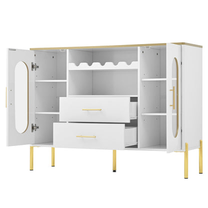 Sideboard – Dressoir – Buffetkast – Opbergkast – Wijnkast – Wit Met Gouden Accenten – Verstelbare Planken En Wijnrek – 120x38x90 Cm