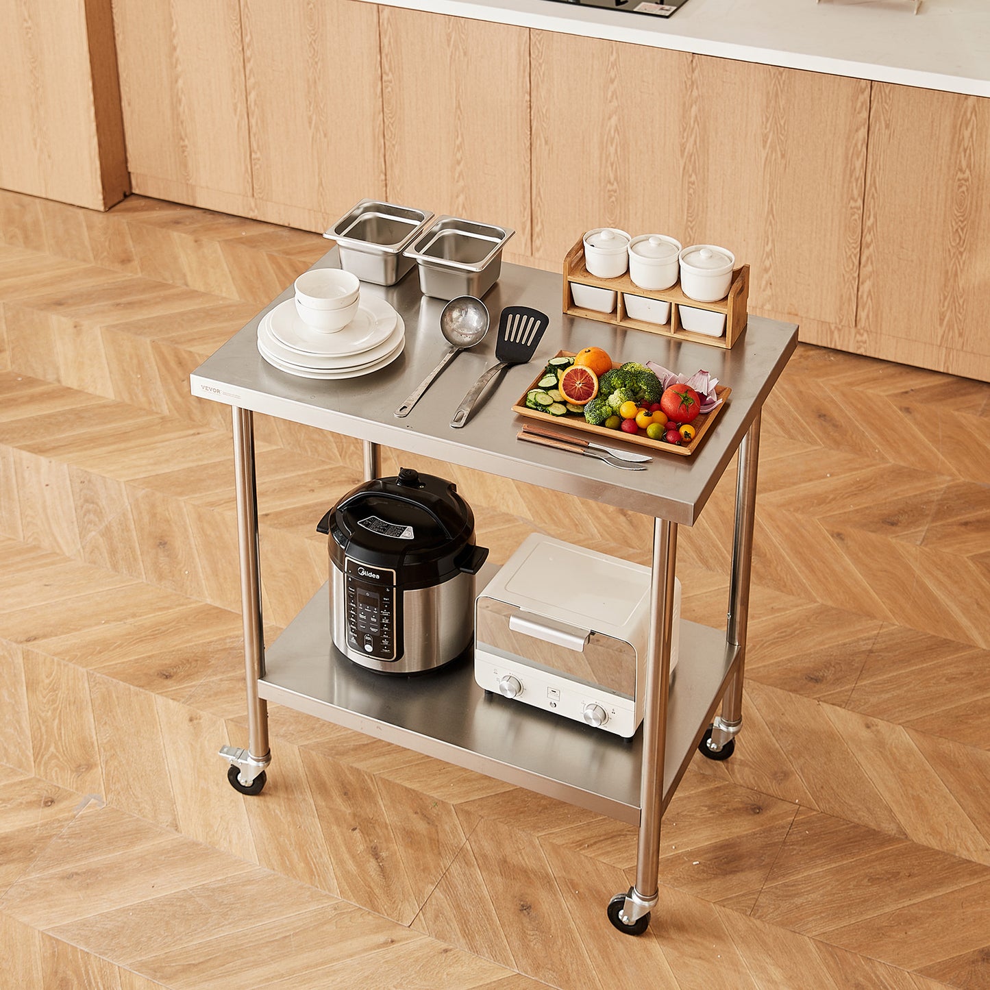 Professionele RVS Werktafel – Roestvrijstalen Werkbank – Keukentafel – Werkbank Met Wielen – Opbergtafel 30x36 Inch – Duurzaam RVS 0,8mm – 3 Verstelbare Legplanken