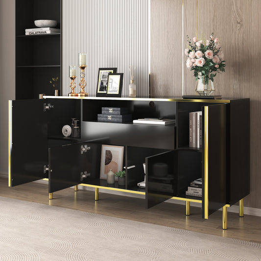 Dressoir – Opbergkast – Buffetkast – Ladekast – Kast – Zwart – Hoogglans – Gouden Accenten – 59x15,75x31 cm – Stevige Vloerstaande Constructie