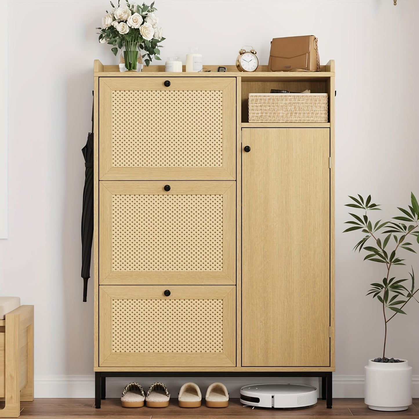 Shoe Cabinet Rattan with 3 Flip Drawers And 4-Tier Shoe Storage Cabinet, Freestanding Shoe Organizer with Adjustable Shelves for Entryway, Closet, Hallway