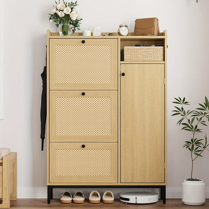 Shoe Cabinet Rattan with 3 Flip Drawers And 4-Tier Shoe Storage Cabinet, Freestanding Shoe Organizer with Adjustable Shelves for Entryway, Closet, Hallway