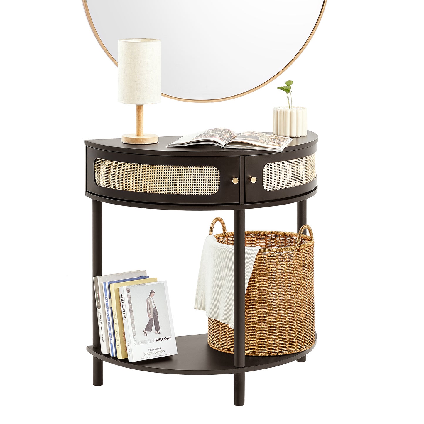 Sidetable – Wandtafel – Haltafel – Consoletafel – Bijzettafel – Zwart Rattan – Halve Maan Vorm – 2 Laden & Open Plank – Duurzaam MDF Onderstel