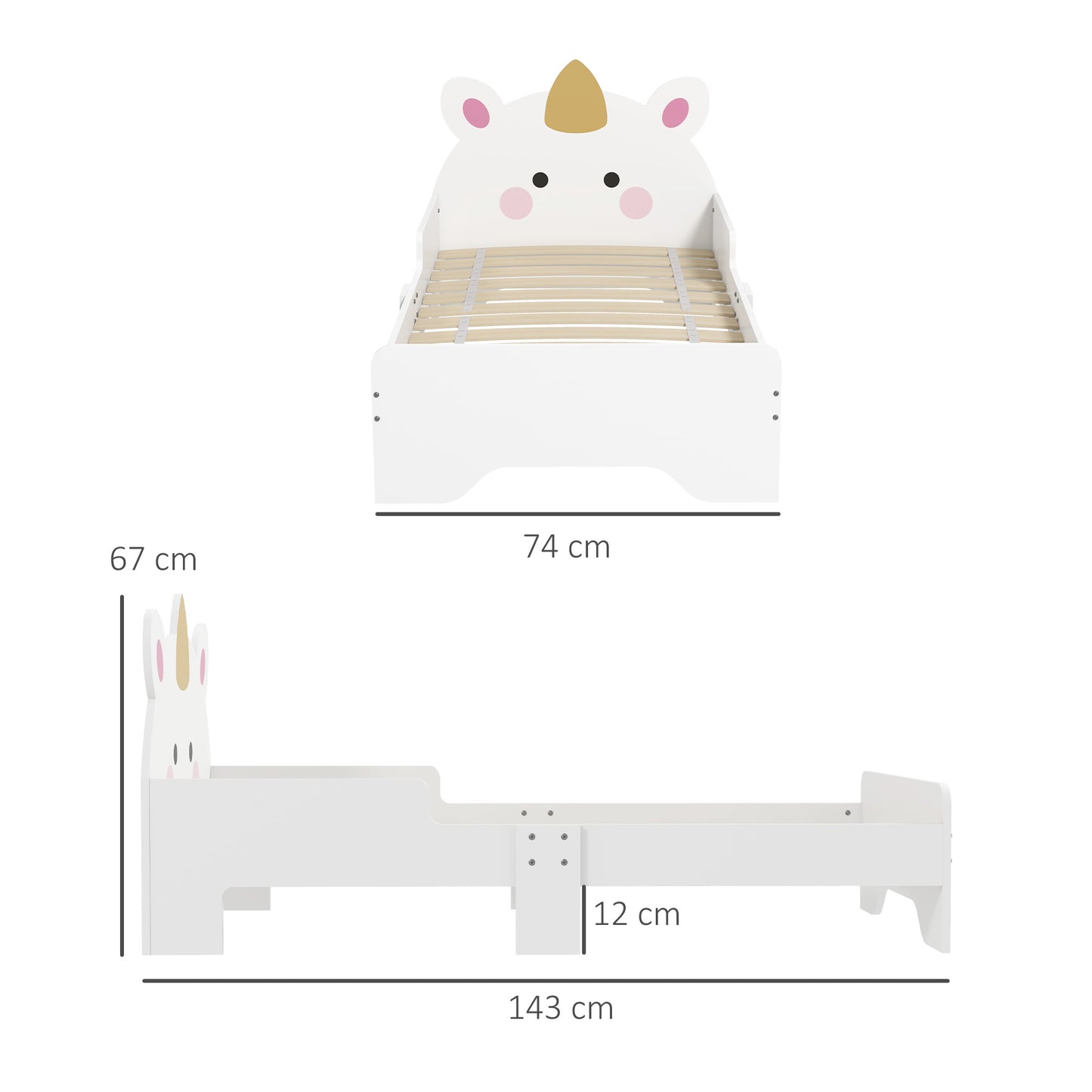 Kinderbed – Peuterbed – Jongensbed – Meisjesbed – Eenhoornbed – Laag Instapbed – MDF Constructie – 143x74x67 cm – Inclusief Lattenbodem – Veilig Zijhekje – Wit Met Eenhoornprint