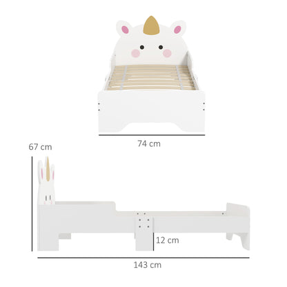 Kinderbed – Peuterbed – Jongensbed – Meisjesbed – Eenhoornbed – Laag Instapbed – MDF Constructie – 143x74x67 cm – Inclusief Lattenbodem – Veilig Zijhekje – Wit Met Eenhoornprint