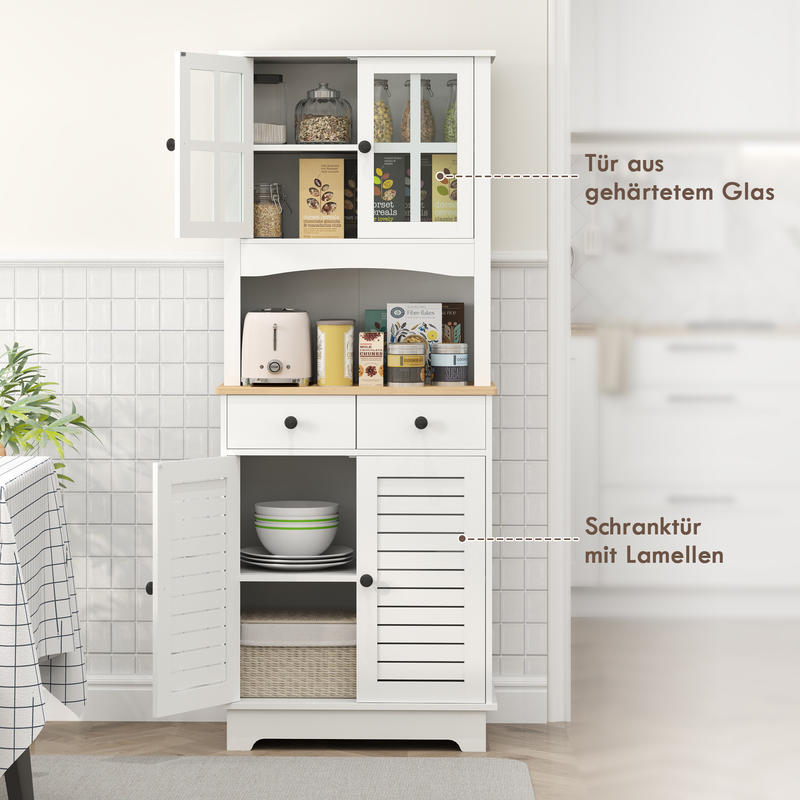Keukenkastje – Voorraadkast – Opbergkast – Buffetkast – Dressoir – Modern Wit – Glazen Deuren – 2 Lade – Slotfunctie – Duurzaam MDF – Vrijstaand – 68x39,5x170 cm