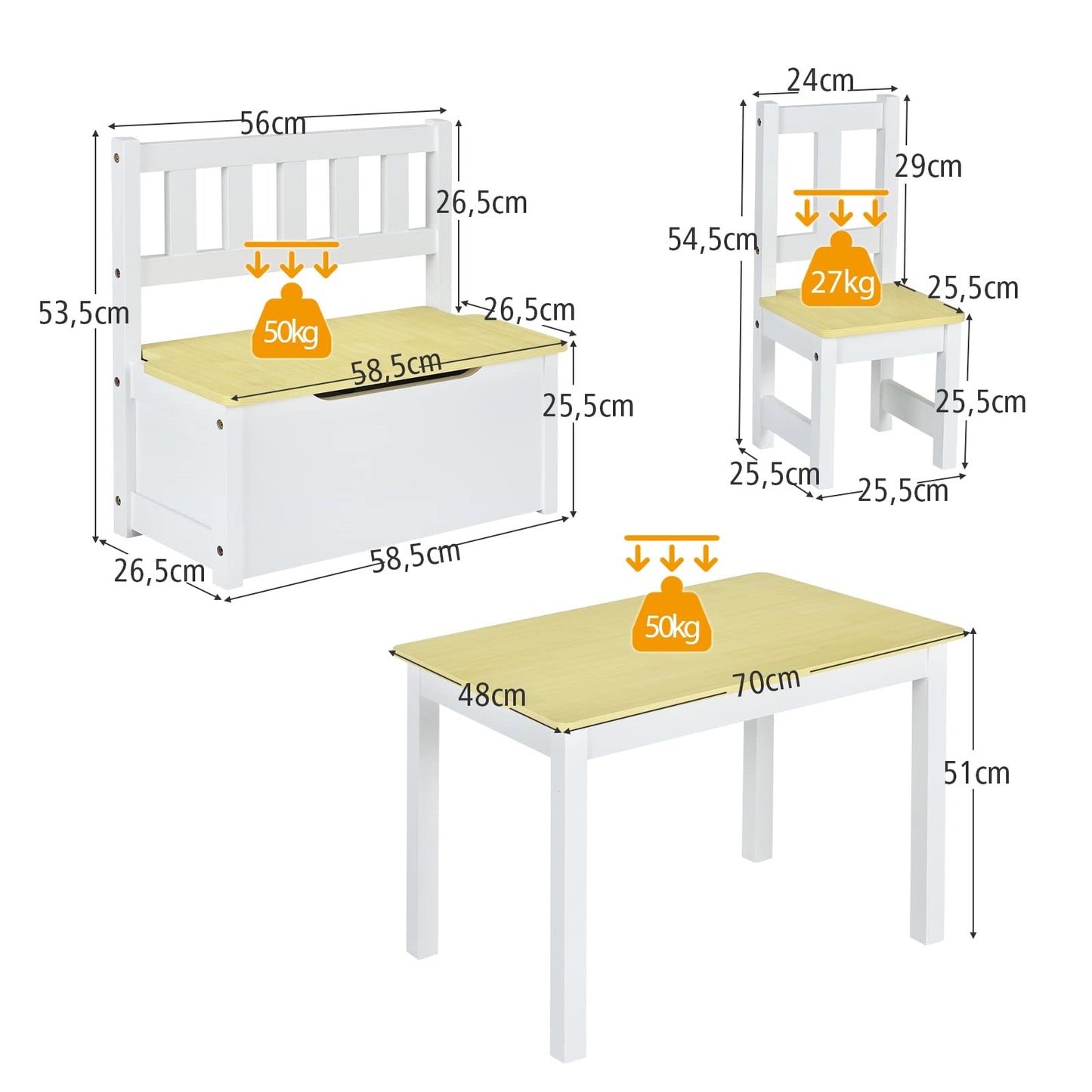 Kinderzitset – Kindertafel Set – Kindertafel Met Stoeltjes – Houten Kindertafel – Opbergbankje – Natuurlijk Grenen Hout – Met Opbergruimte En Ergonomisch Design