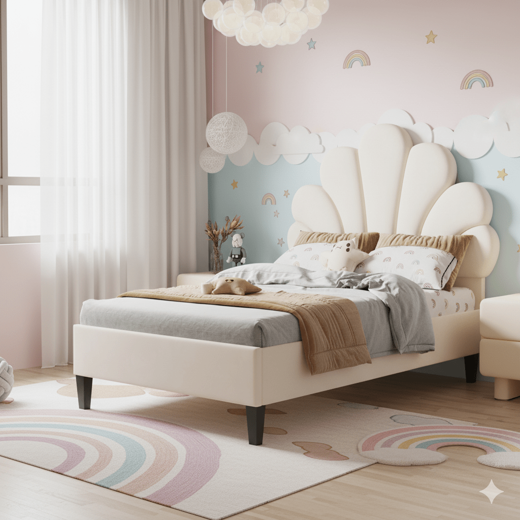 Gestoffeerd Bed – Slaapbed – Bedframe – Houten Bed – 90x200 cm – Fluwelen Bloemvormige Hoofdbord – Comfortabel en Warm – Beige