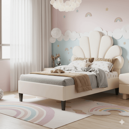 Gestoffeerd Bed – Slaapbed – Bedframe – Houten Bed – 90x200 cm – Fluwelen Bloemvormige Hoofdbord – Comfortabel en Warm – Beige