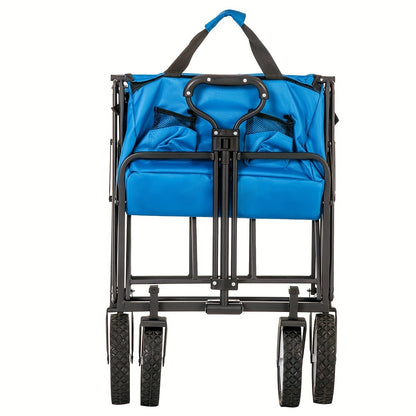 Bolderkar – Bolderwagen – Opvouwbare Handkar – Strandkar – Tuinkar – 360° Draaibare Voorwielen – Verstelbare Handgreep – Blauw – Met Bekerhouder En Zijvak