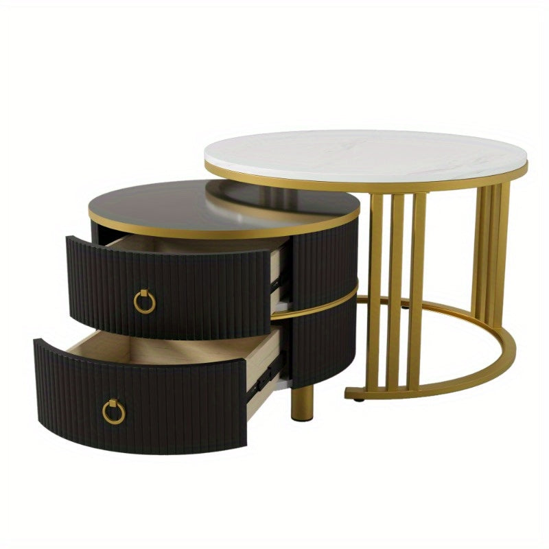 Salontafelset – Salontafel – Bijzettafel – Nesting Tafel – Koffietafel – Ronde Set – Glanzend Marmerlook Blad – 2 Opberglades – Modern Design – 70x70x46 cm & 50x50x40 cm