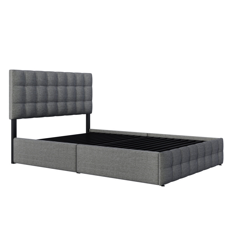 Bedkastenbed – Eenpersoonsbed – Opbergbed – Jeugdbed – Slaapbank – Met Vier Laden – Metalen Frame – Grijze Linnen Bekleding – 140x200 cm – Verstelbaar Hoofdbord