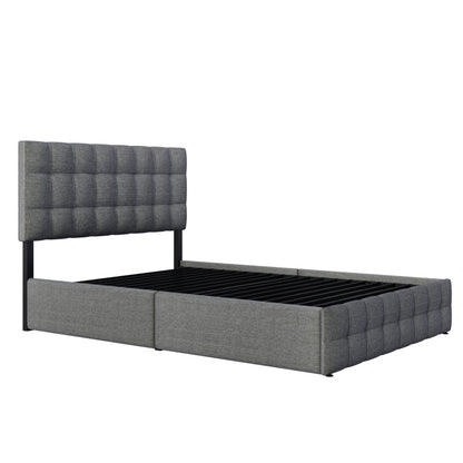 Bedkastenbed – Eenpersoonsbed – Opbergbed – Jeugdbed – Slaapbank – Met Vier Laden – Metalen Frame – Grijze Linnen Bekleding – 140x200 cm – Verstelbaar Hoofdbord