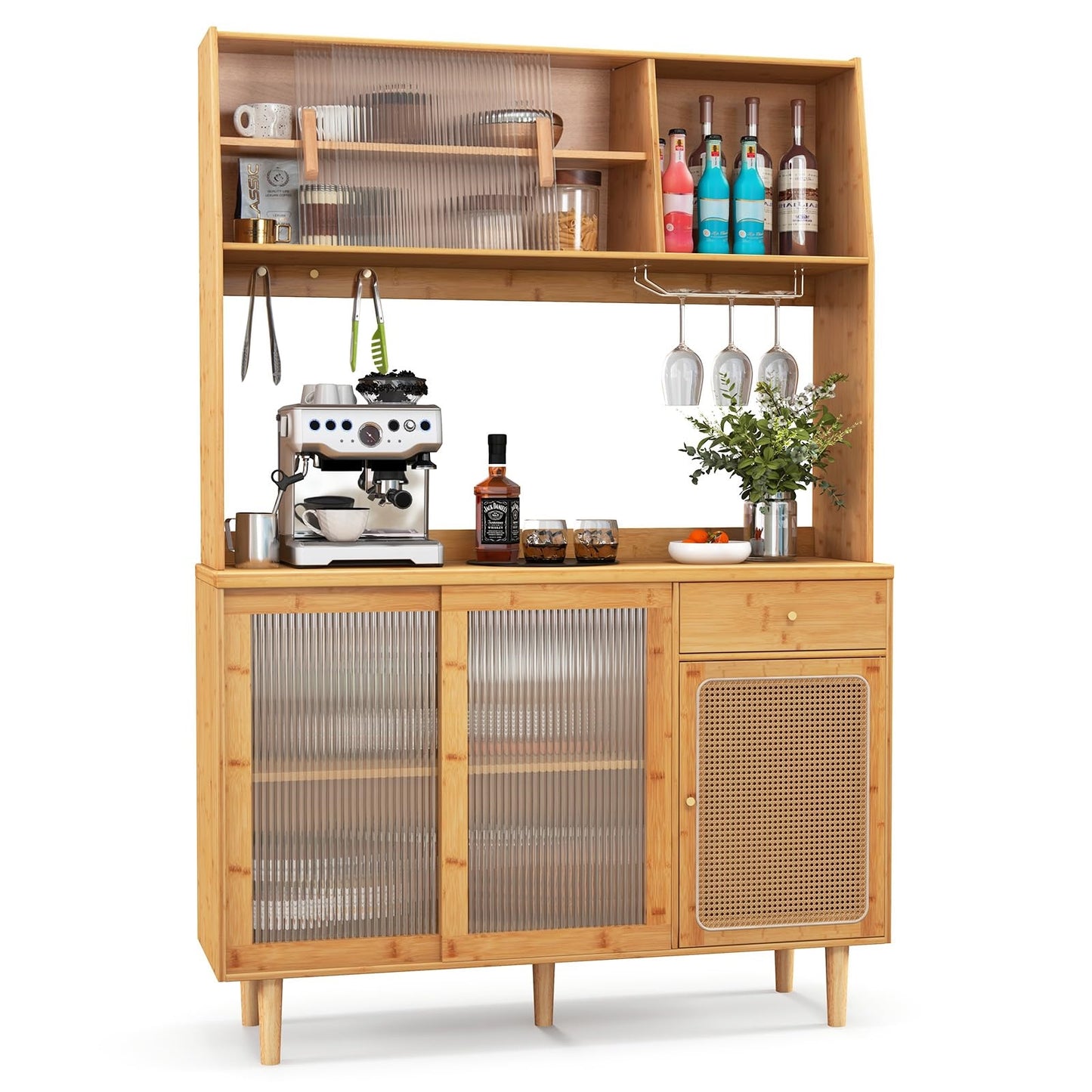 Buffetkast – Buffetkastje – Keukenkast – Opbergkast – Dressoir – Bamboe En Rattan – 120 cm Breed Werkblad – Schuifdeuren Met Glasrek