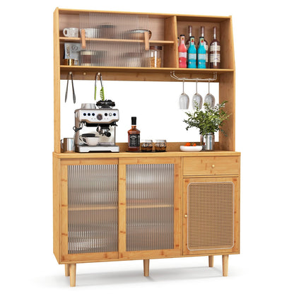 Buffetkast – Buffetkastje – Keukenkast – Opbergkast – Dressoir – Bamboe En Rattan – 120 cm Breed Werkblad – Schuifdeuren Met Glasrek