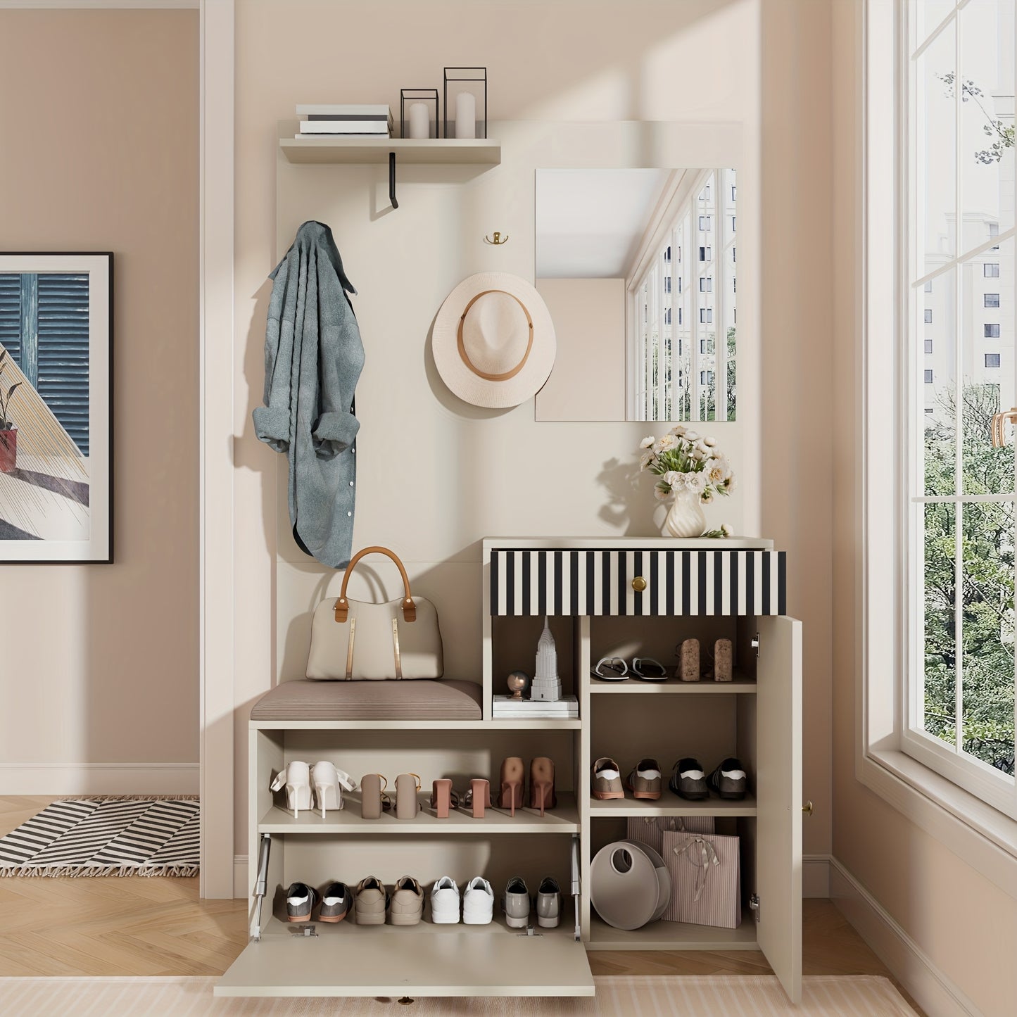 Hal-kast – Halgarderobe – Schoenenkast – Opbergkast – Lampenkast – Bamboe Materiaal – Met Spiegel en Zitbank – 110x185,5x37 cm – Vrijstaand en Ruimtebesparend