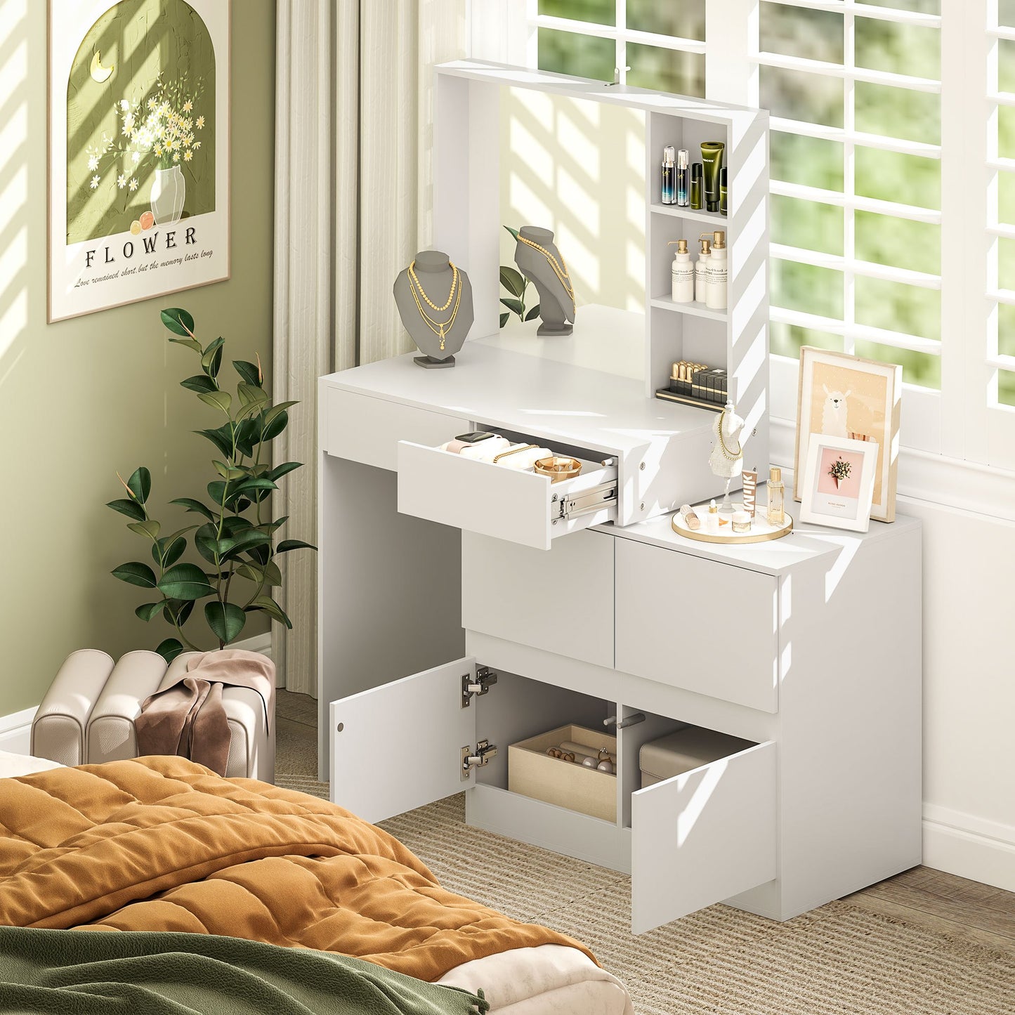 Make-Up Tafel – Schminktisch – Kaptafel – Vanity Table – Dressing Table – Wit – Grote Spiegel – 4 Lades en Veel Opbergruimte