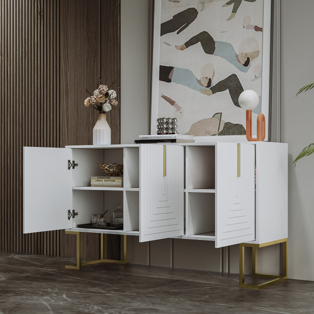 Dressoir – Opbergkast – Buffettafel – Kast – Ladekast – Modern Design – 3 Deuren Met Verstelbare Planken – Witte Afwerking Met Gouden Basis