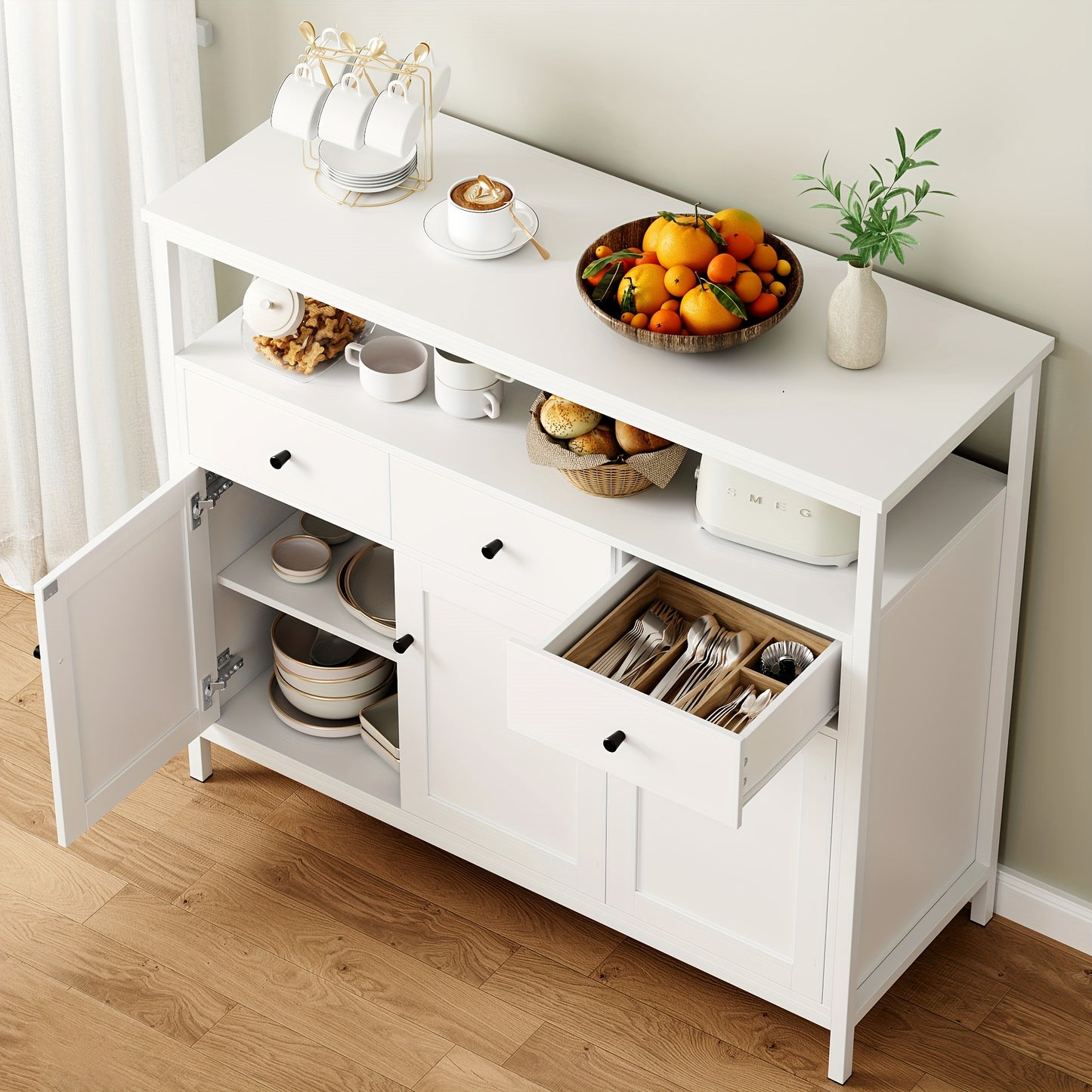 Witte Dressoirkast – Opbergkast – Sideboard – Keukenkast – Buffetkast – Massief Hout – Verstelbare Planken – 3,2+ m³ Inhoud – 69 cm Hoog