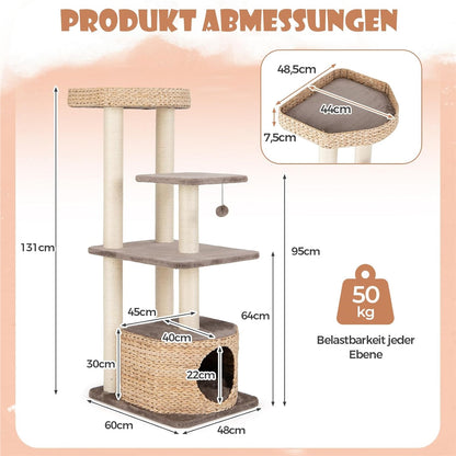 Krabpaal – Kattentoren – Kattentree – Kattenmeubel – Kattenspeelplaats – 4 Lagen 132 cm Hoog – Sisal Krabpalen & Pluche Condo Koffiekleur